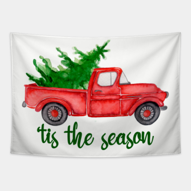 Tis The Season Watercolor Retro Red Truck With Christmas Tree