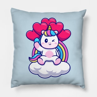 Cute Unicorn Sitting On Cloud With Rainbow And Love  Balloon Cartoon Pillow