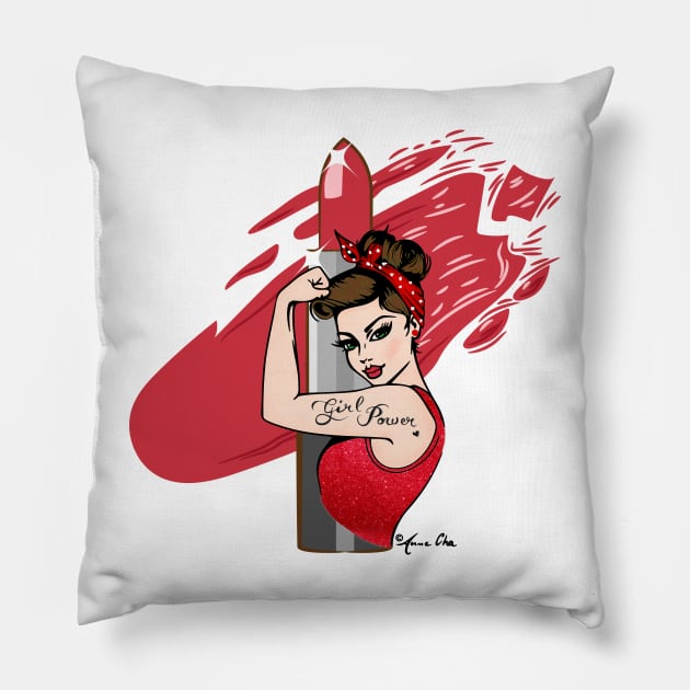 Girl Power Red Lipstick vintage Pinup Lashes retro make up artist make up lover Icon Pillow by annechaart