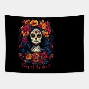 Day of the dead; el Día de Muertos; Mexico; Mexican; sugar skull; beautiful; woman; colorful; bright colors; black shirt; skeleton; celebration; celebrate; party; fiesta; halloween; dark; skull; Tapestry