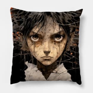 Mysterious Young Woman: A Young Woman Focused Forward on a Dark Background Pillow