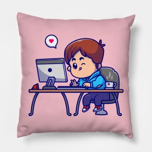 Cute Boy Working On Computer Cartoon Pillow