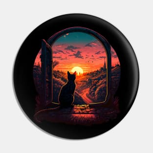 Black Cat Looking Into The Sunset Pin