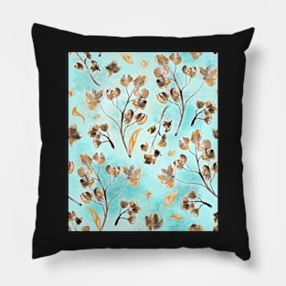 Hand-painted watercolor loose floral chintz in gold, blue, brown and turquoise as a seamless surface pattern design Pillow