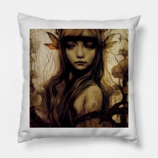 Wood Faerie in sepia with wings in her hair Pillow