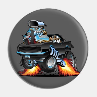 Classic Sixties American Muscle Car Popping a Wheelie Cartoon Illustration Pin