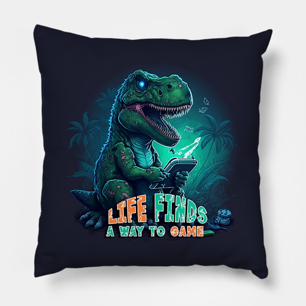 Life Finds A Way (To Play Games) T-Rex Pillow by nonbeenarydesigns