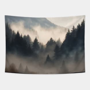 Foggy Mountain Forest Landscape Tapestry