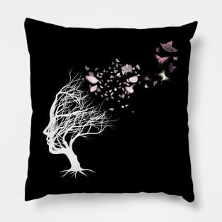 Drawing woman illustration with fyling pink butterflies Pillow