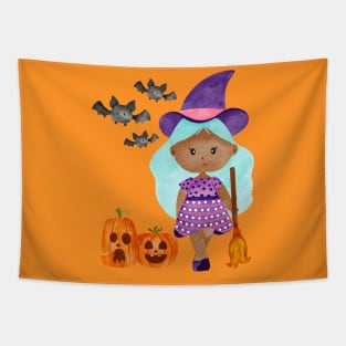 Witch with pumpkins and bats Tapestry