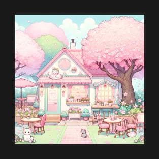 cute cat cafe with pink cherry blossom trees T-Shirt