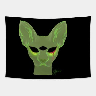 Three Eyed Creepy Sphynx Cat Spooky Green Horror Glowing Unique Edgy Punk Art Tapestry