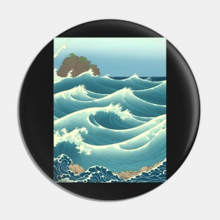 Ukiyo-e Japanese Art - Waves Crashing Against a Rocky Shoreline Pin