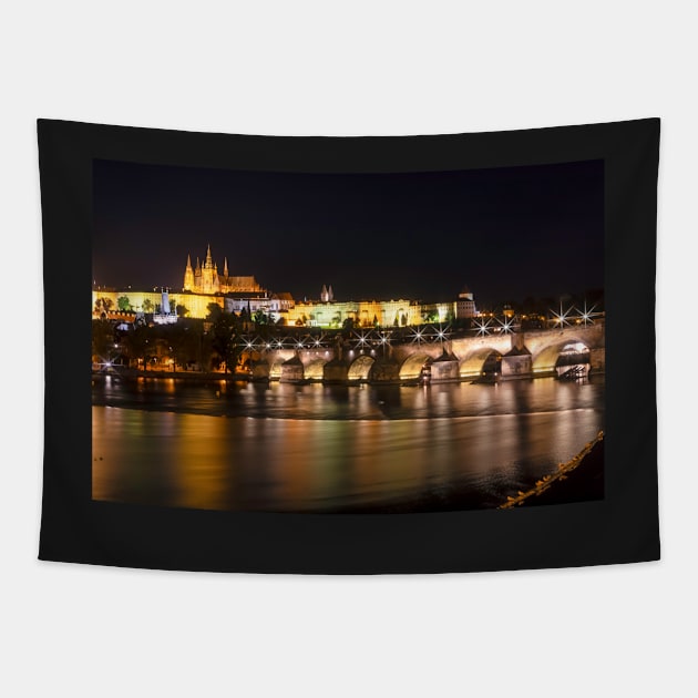 Prague and The Charles bridge and Castle at night Tapestry by Itsgrimupnorth