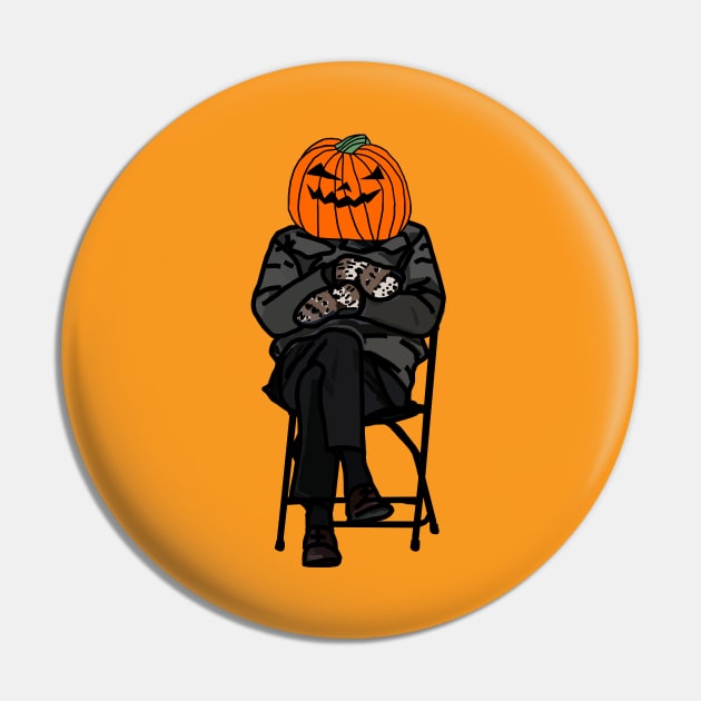 Halloween Horror Pumpkin Head wears Bernie Sanders Mittens Memes Pin by ellenhenryart