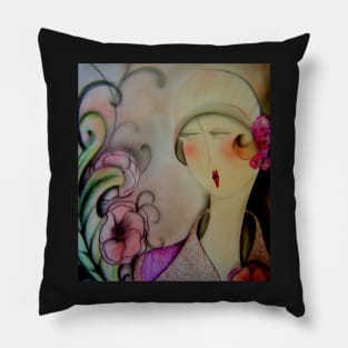 art deco flapper girl lady in hat pink purple flower by jacqueline mcculloch for house of harlequin Pillow