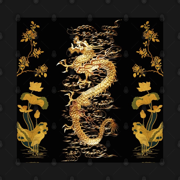 GOLD DRAGON IN BLACK,Egret,Lotus,Green Gold Floral by BulganLumini