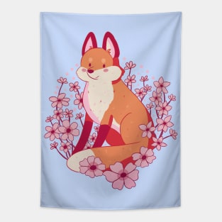 Cute fox with pink flowers Tapestry