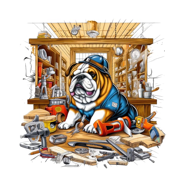 A Carpenter English Bulldog with a pencil behind its ear, measuring a piece of wood with a tape measure by teestore_24