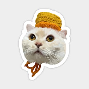 Cute cat white in hat yellow Magnet