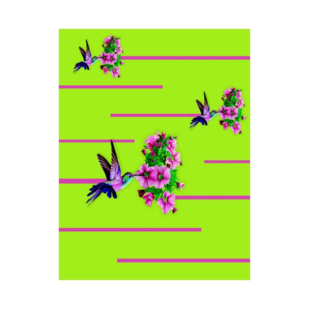 Hummingbirds and pink flowers on green by YamyMorrell