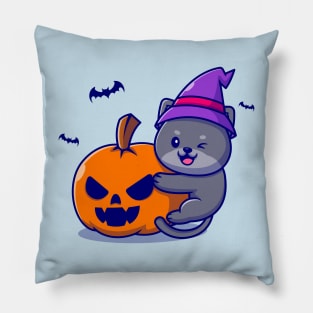 Cute Witch Cat Hug Pumpkin Halloween Cartoon Pillow