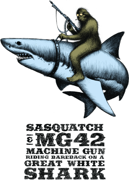 Sasquatch Riding on a Great White Shark Kids T-Shirt by CatLauncher