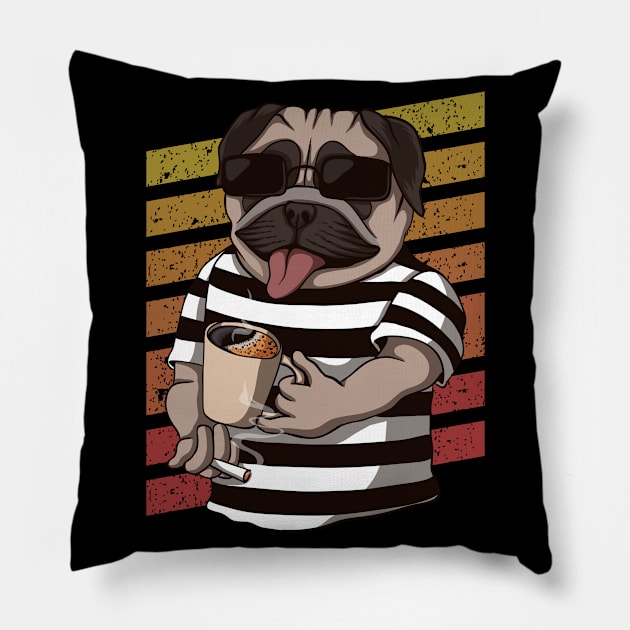 Pug Dog Drinking Coffee Pillow by Unestore