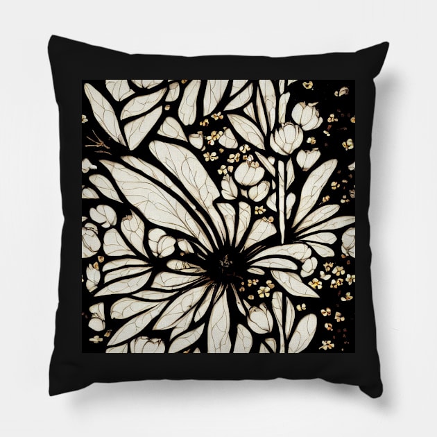 Black and White Vintage Floral Cottagecore Gothic Romantic Flower Peony Rose Leaf Design Pillow by VintageFlorals