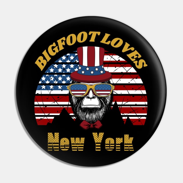 Bigfoot loves America and New York Pin by Scovel Design Shop