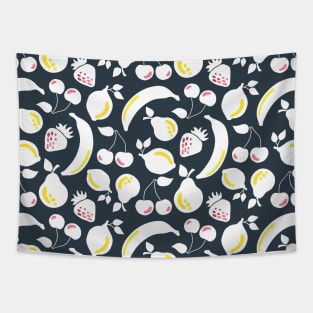 White silhouettes of bananas, strawberries, lemons, pears, and cherries on a black background Tapestry