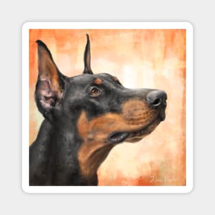 Contemporary Painting of a Gorgeous Black and Gold Doberman Pinscher on Orange Background Magnet