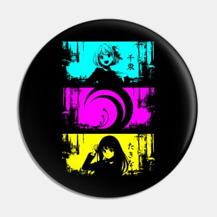 Lycoris recoil anime characters Chisato nishikigi and Takina inoue with lycoris recoil logo and their names in japan text Cyan Magenta Yellow Grunge distressed design Pin