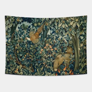 Greenery Forest Animals - Pheasant and Fox Blue Green Floral Tapestry
