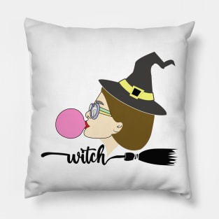 Fun, aesthetic, original witch, with gum and a broom. Pillow