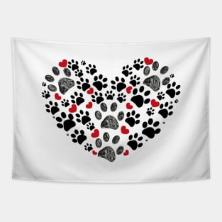 Black and red doodle dog paw print made of heart Tapestry