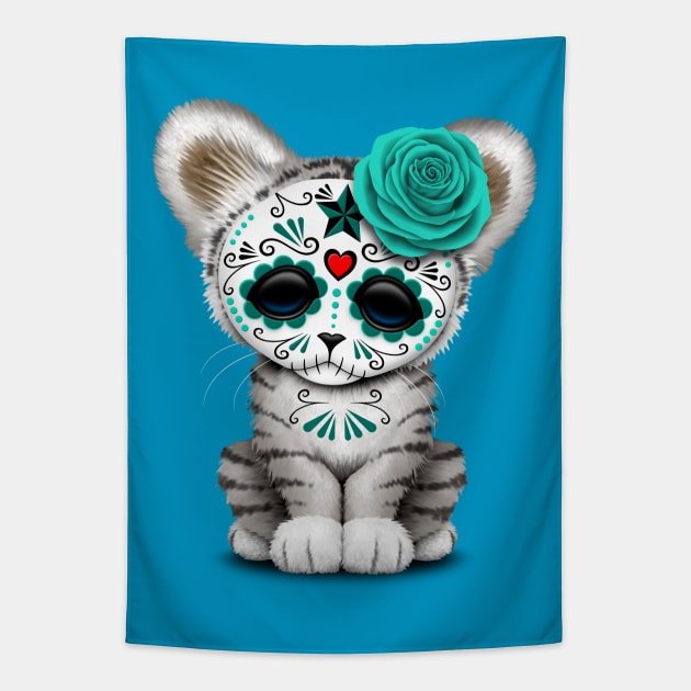 Blue Day of the Dead Sugar Skull White Tiger Cub Tapestry by jeffbartels