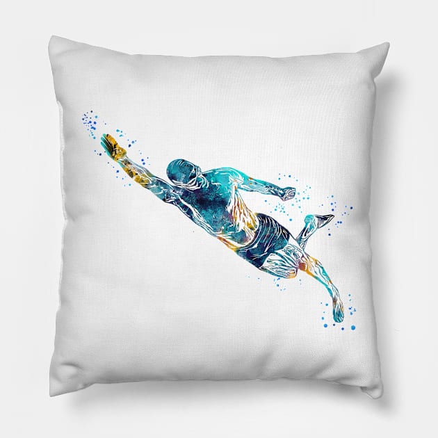 Swimmer Diving in Water Pillow by RosaliArt