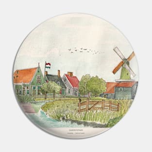 Zaanse Schans Zaandam Netherlands Watercolor Ink Art Pin