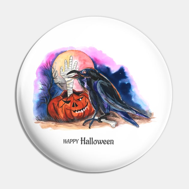 Happy Halloween Raven Pumpkin Pin by Mako Design 
