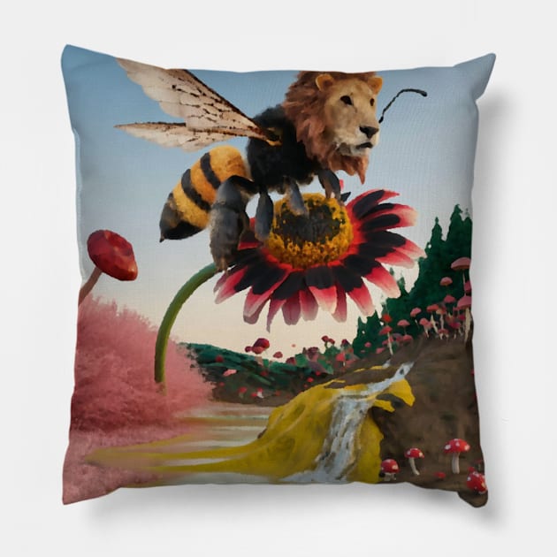 AI generated lion bee on daisy Pillow by Catbrat