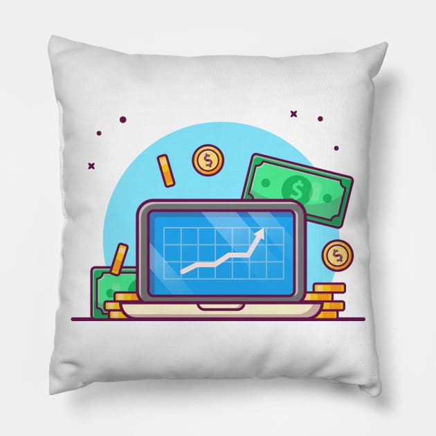 Laptop with coin and paper money cartoon Pillow by Catalyst Labs