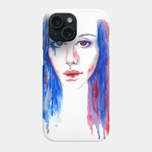 Watercolor portrait of rainbow girl with heterochromia Phone Case