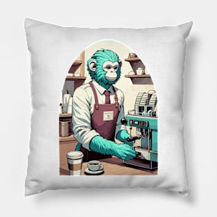 70s monkey barista making a coffee Pillow