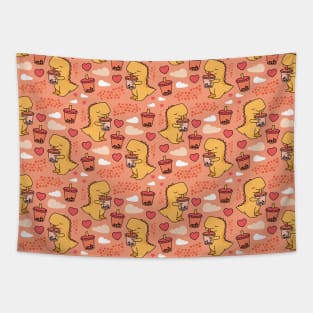 Boba Tea Rex Pattern - Cute Funny Bubble Tea Dino Print Tapestry