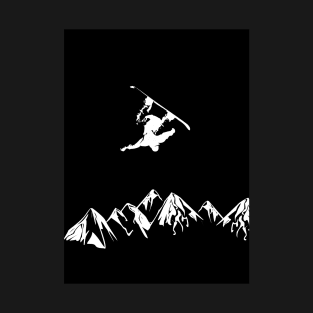 Snowboarding White Abstract Snow Boarder On Black T-Shirt