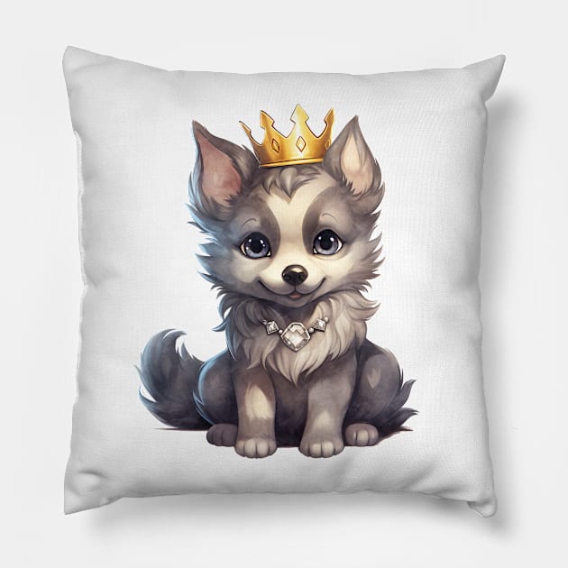 Watercolor Gray Wolf Wearing a Crown Pillow by Chromatic Fusion Studio