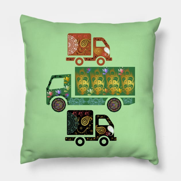 Brown green black truck art motif illustration with paisley design pattern Pillow by Haze and Jovial