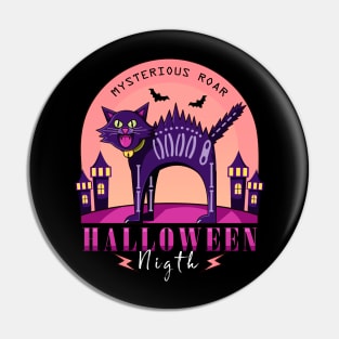 Halloween night, cartoon illustration of a roaring black cat Pin