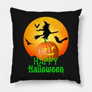 Flying Witch Jack O Lantern Happy Halloween Pillow